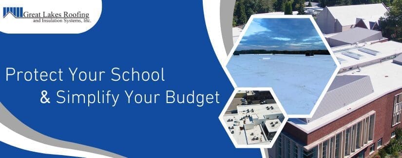 An aerial view of a large brick school building with high-reflectivity white flat roofing, illustrating the benefits of TIPS roofing for schools provided by Great Lakes Roofing.