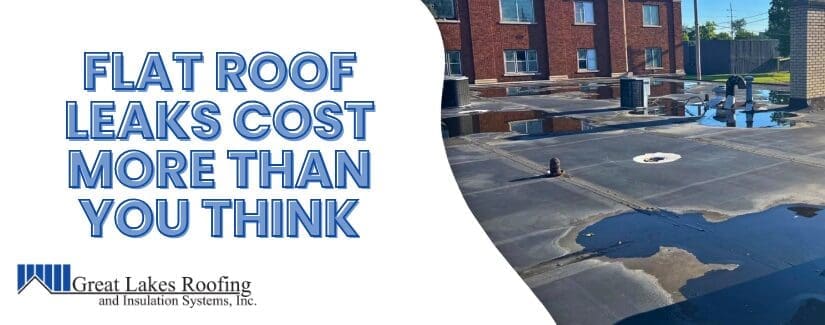 Great Lakes Roofing image with the text "Flat Roof Leaks Cost More Than You Think," highlighting the risks of neglecting roof damage.