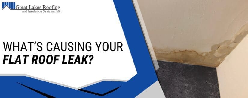 A commercial marketing banner titled "What's Causing Your Flat Roof Leak?" by Great Lakes Roofing, showing internal ceiling drywall damage and water staining.