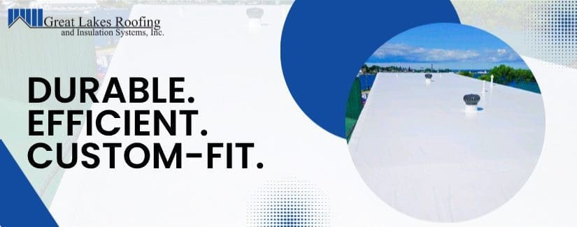 Great Lakes Roofing and Insulation Systems, Inc. image with the text “DURABLE. EFFICIENT. CUSTOM-FIT.” promoting reliable commercial flat roof solutions.