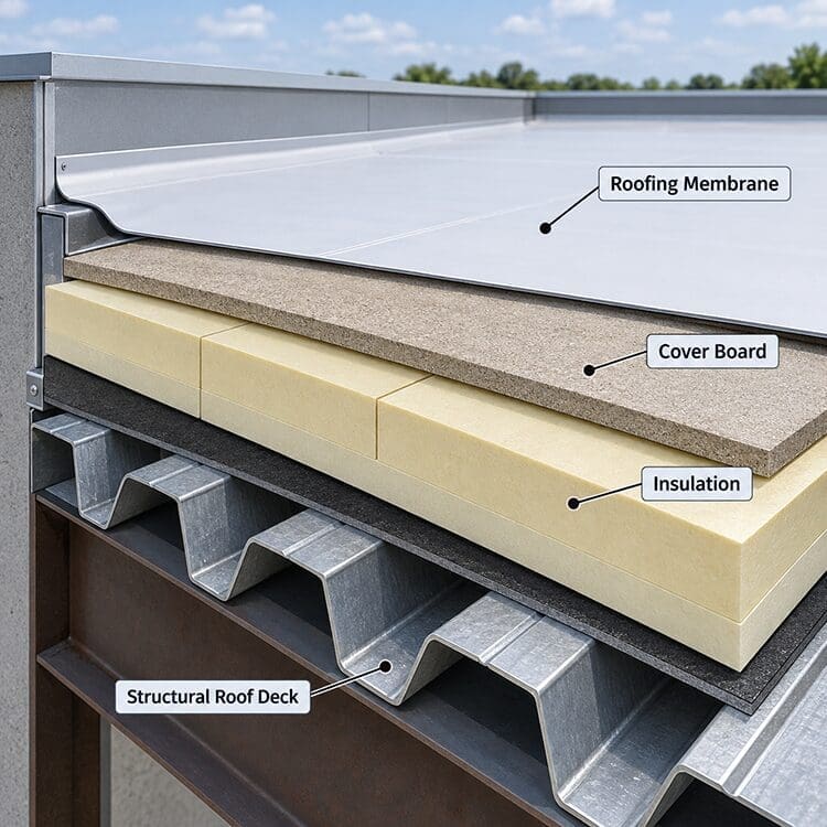 Layers of commercial roof assembly.